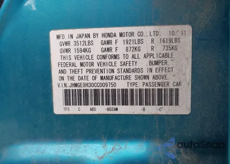 2012 Honda Fit z USA, uszkodzony, nr VIN JHMGE8H30CC009750